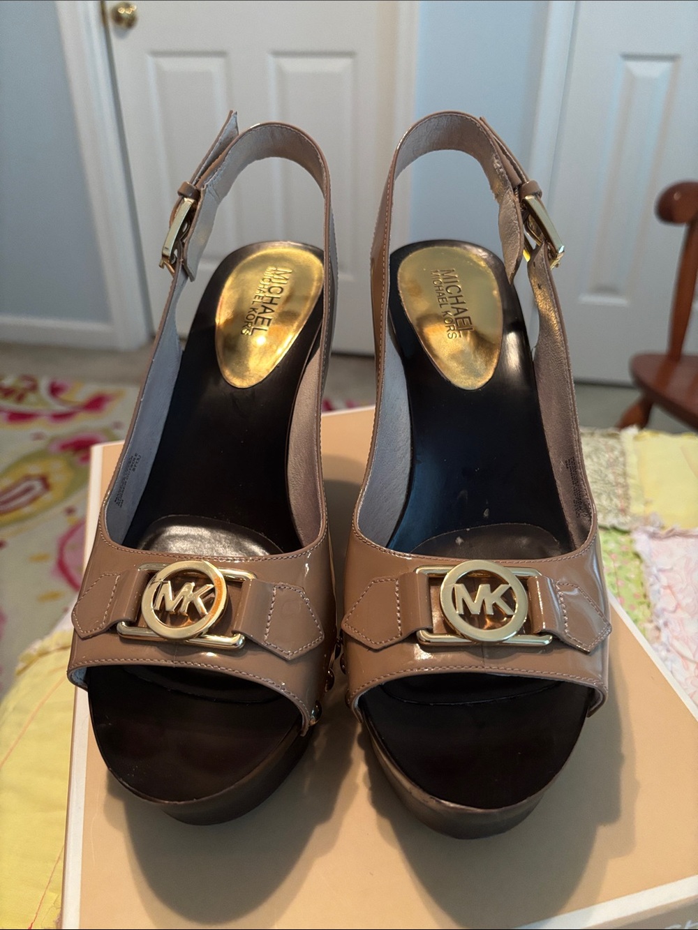 Michael Kors Tan Patent Leather Platform Slingback Sandals with Gold MK Hardware